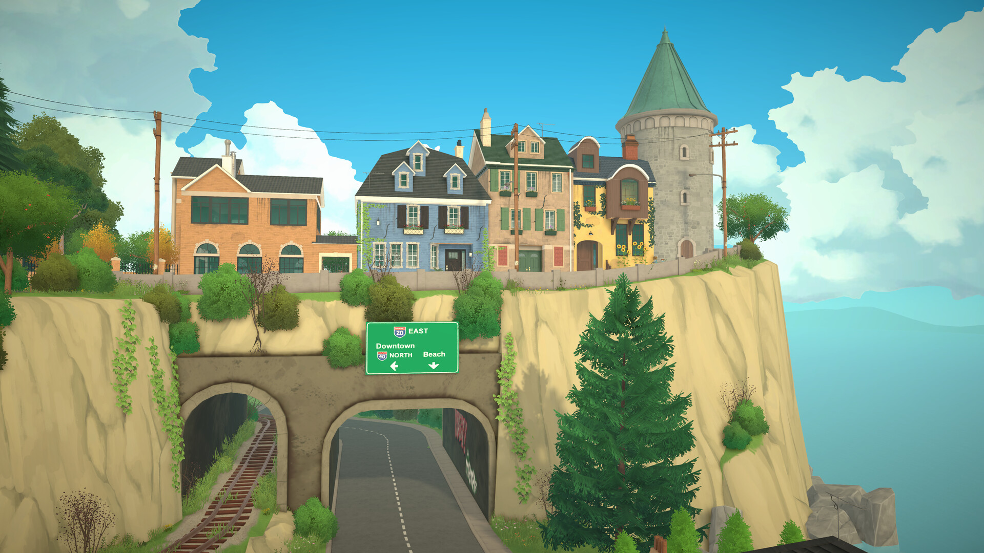 Paralives coastal neighborhood with houses and a tower