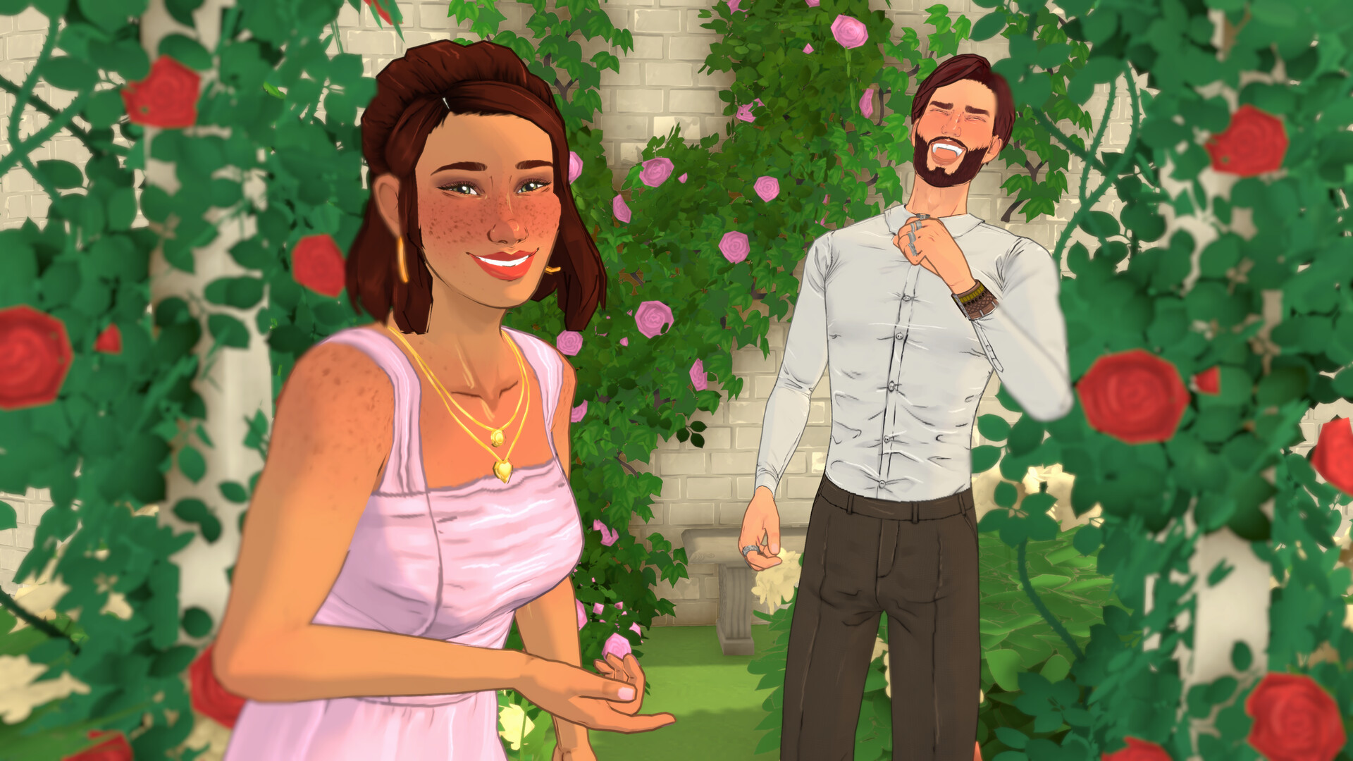 Two Paralives characters in a rose garden