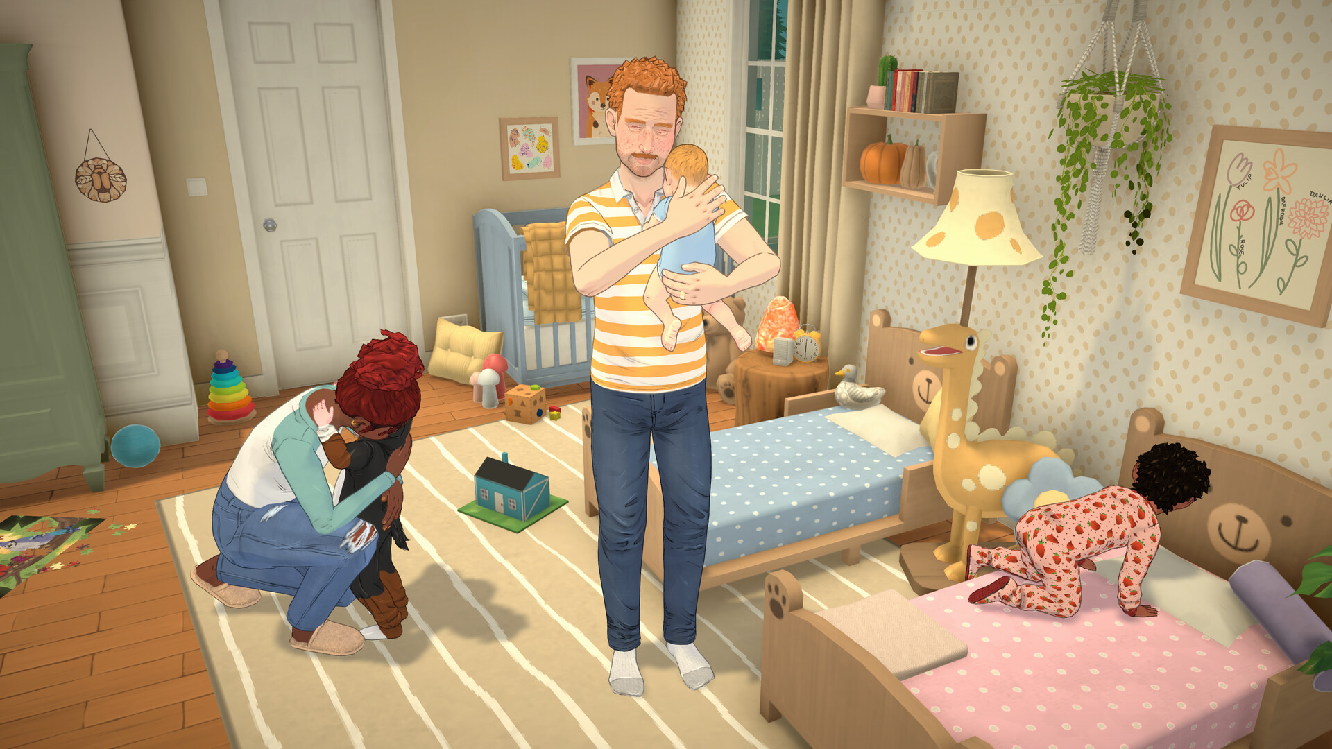 Paralives family room with adults, children, and nursery decor