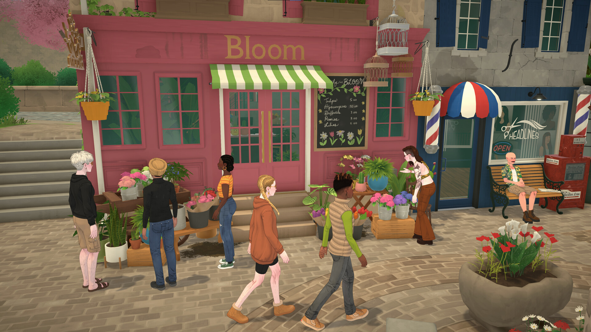 Paralives street scene with shops and pedestrians